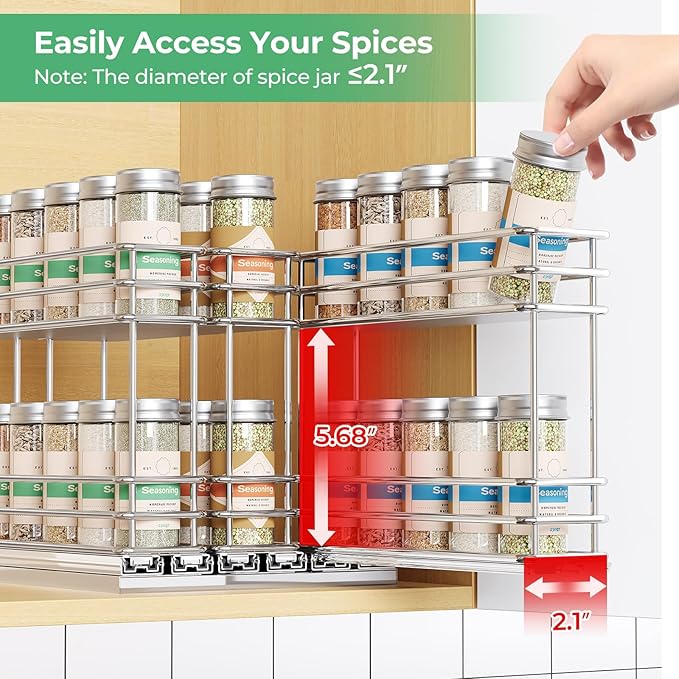 Pull Out Spice Rack Organizer for Cabinet, Slide Out Spice Racks, Easy to Install Spice Cabinet Organizers, 7.4" Wx10.43 Dx8.26 H, 3 Drawers 2 Tiers(Silver)