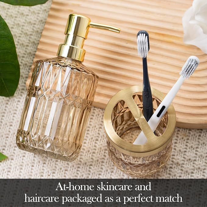 Glass Bathroom Accessories Set, 2PCS Clear Glass Bathroom Accessory, Toothbrush Holder and Soap Dispenser Set for Modern Bathroom Decor(Amber)