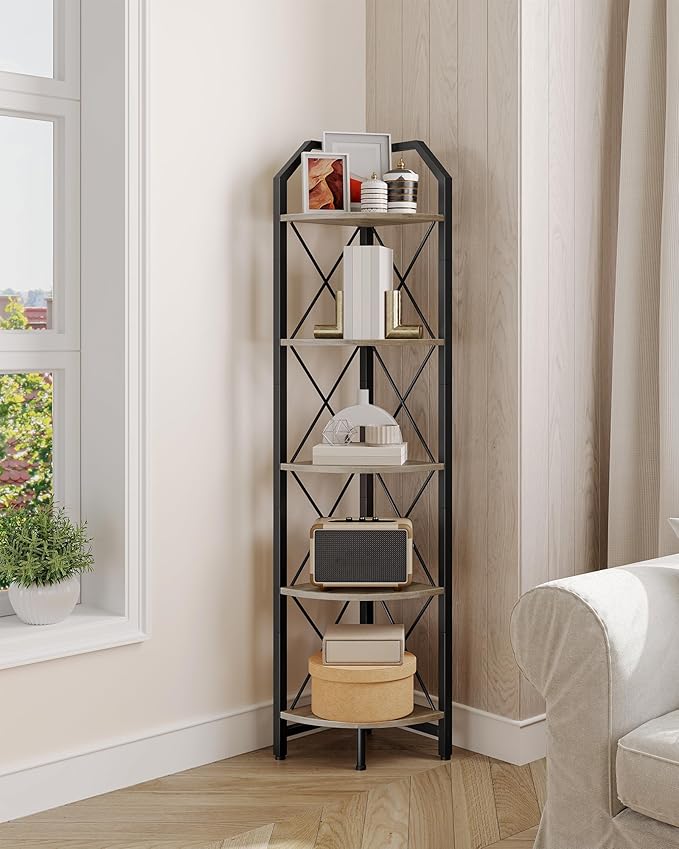 5-Tier Corner Shelf, Industrial Corner Bookshelf, 59.4" Corner Storage Stand, Plant Stand Display Shelf, Corner Bookcase for Bedroom, Living Room, Home Office, Greige and Black TCJ10BG