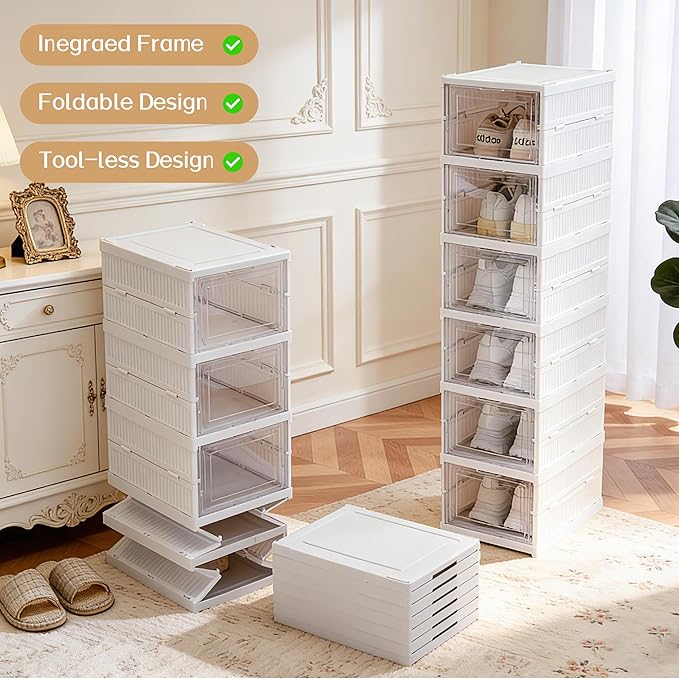 Shoe Storage Box, No-Assembly 6 Tiers Foldable Shoe Organizer with Clear Door, Space-saving Shoe Rack，Sturdy Clear Plastic Stackable Sneaker Container