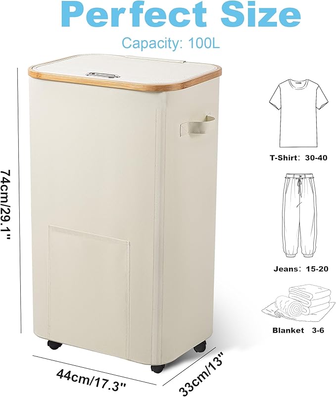 Laundry Basket with Wheels, Tall Dirty Clothes Hamper on Wheels, Rolling Laundry Hamper with lid for Dorm, Bedroom and Bathroom (Beige, 100L)