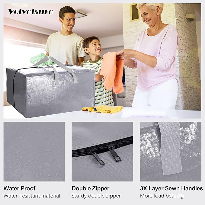 Heavy Duty Extra Large Moving Bags W/Backpack Straps - Strong Handles & Zippers, Storage Totes For Space Saving, Fold Flat, Alternative to Moving Box and Storage Bin (Set of 6, Silver)