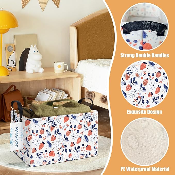 LANGYASHAN Rectangular Storage Bin Collapse Canvas Fabric Cartoon Storage Basket with Handles for Organizing Home Kitchen Boys and Girls Toys Office Closet Shelf Baskets (Rec Strawberry)