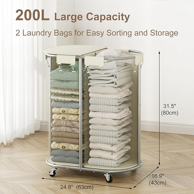 Chrislley 200L Double Laundry Hamper with Wheels and Lid, Large Oval Rolling Laundry Basket 2 section, Laundry Cart with Removable Bags and Iron Frame, Dirty Clothes Hamper for Home, Dorm, Beige