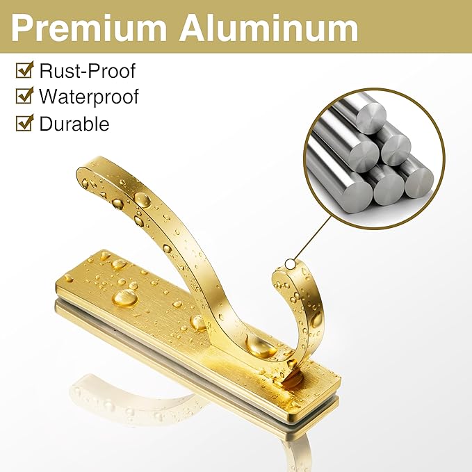 pickpiff Adhesive Wall Hooks for Towels - Sticky Hook Hanging Heavy Duty (13lb), Hanger for Door, Bathroom, Dorm, Closet - for Coats, Purse, Bag, Robe - No Damage to Wall - Gold 6 Pack