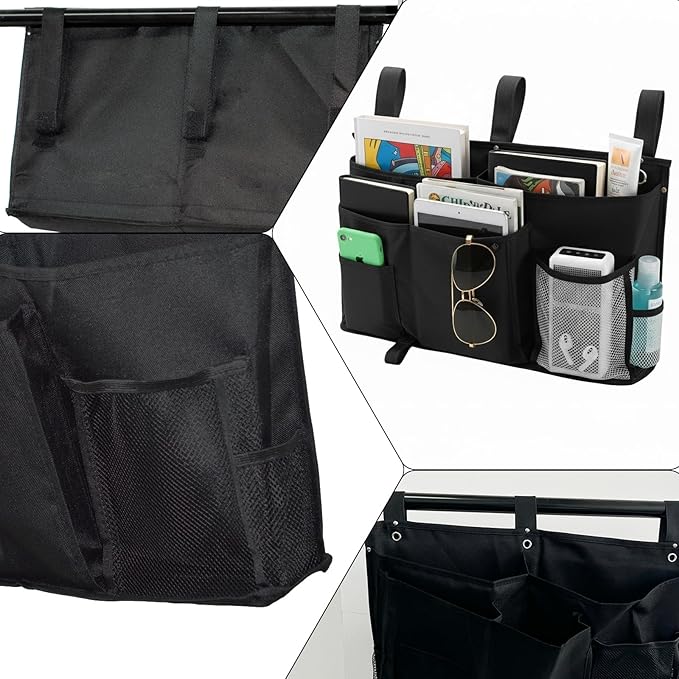 gedamari Bedside Organizer, Durable Bunk Bed Caddy, Multi-Pocket Hanging Storage Bag for College Dorm, Home, Hospital and Baby Stroller, Easy Installation, Metal Rivets Added, Oxford Fabric (Black)
