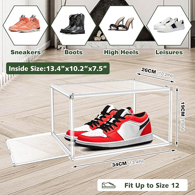 EDS FAM 1 Pack Drop Front Acrylic Shoe Boxes with Magnetic Door Fit US Size 12, Clear Stackable Shoe Organizer for Closet, Entryway, Underbed, Multiple Display Cases for Hats, Figures, Sneakers