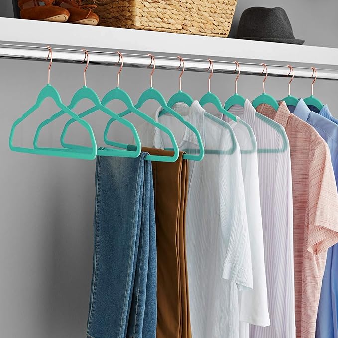 VECELO Premium Velvet Clothes Hangers Suit Heavy Duty (25 Pack)-Non Slip & Space-Saving with 6 Finger Clips & Tie Rack Excellent for Men and Women，Light Teal