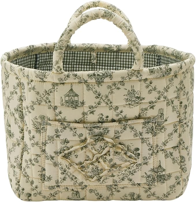 Quilted Fabric Storage Basket with Handles & Pocket, Foldable Laundry Hamper Boho Floral Print Organizer Bin for Home, Picnic, Office 12"x10"x10" (B-2)