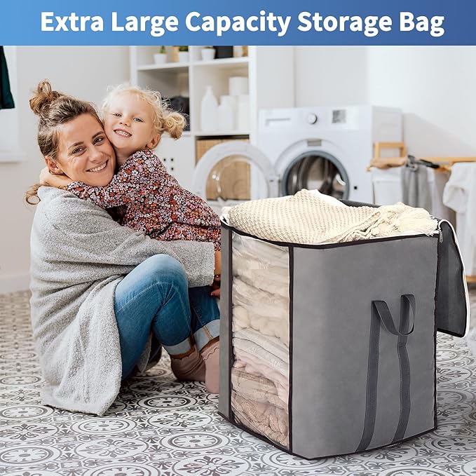 Fixwal 4pcs Large Blanket Bags 120L King Foldable Comforters Storage Bags, Extra Large Organizers for Blankets, Clothes, Pillows, Quilts, Bedding with Thick Fabric Reinforced Handles, Grey