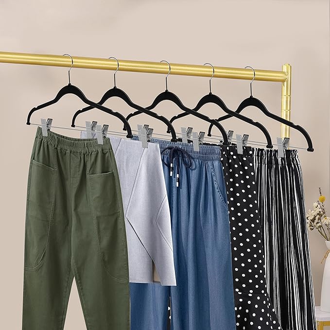 80 Pack Black Quality Plastic Non Velvet Non-Flocked Thin Compact Coat Hangers with Metal Clips for Skirts Pants Blouses 360° Swivel Hook