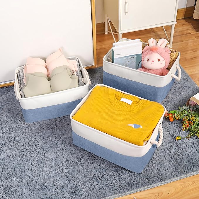 Storage Bins with Sturdy Cotton Handles(3 Pack), Fabric Storage Baskets for Organizing use for Office & Home, Book, Clothes, Toys, Closet Boxes (Large, Blue-White, 15.7x11.8x7.9 inches)