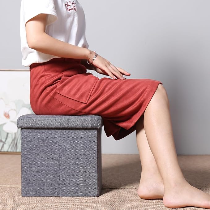 B FSOBEIIALEO Storage Ottoman Cube, Storage Chest Folding Foot Rest Seat, Linen Grey 12.6"X12.6"X12.6" (2 Pack)