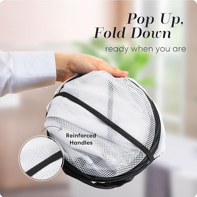 Foldable Laundry Basket - Popup and Collapsible, Durable Mesh Material, Folds for Storage, Easy Carry Handles - Great Hamper for College Dorm, Laundry Room or Travel (White-Black, 2-Compartments)
