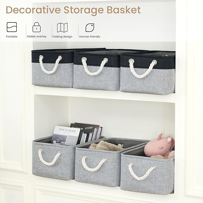 Storage Baskets for Shelves 13.8x9.8x6.7 Inch, Foldable Fabric Storage Bins with Handles, Small Storage Baskets for Organizing Closet, Office, Home Organization (6-Pack, Gray)
