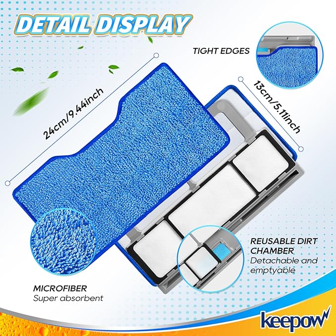 KEEPOW Reusable Mop Pads Refills, Replacement Pads Compatible with Shark Vac Mop VM252 VM200 VC205 VM250 /QM250 VM190, Hardwood Floor Mop Pad with Upgraded Dirt Chamber, Blue (1+2+3 Pads)
