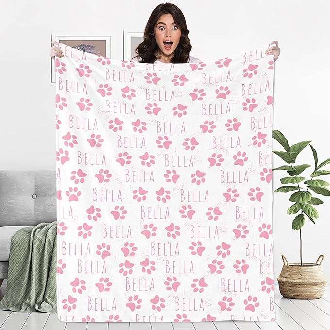 Personalized Dog Blanket, Custom Paw Print Dog Blanket with Pets Name, Stuff for Pets, Customized Puppy Blanket with Name, Pets Bereavement/Passing Away Gifts