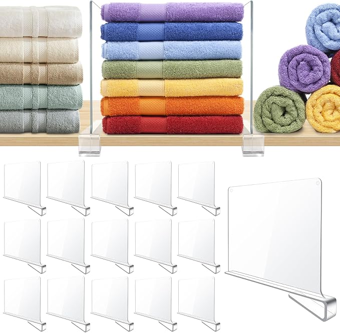 BAUMFEUER 16 Pack Clear Acrylic Shelf Dividers for Closet Shelf Organizer of Bedroom Kitchen Office Bathroom Organizer for Clothes Books Hats and Handbags