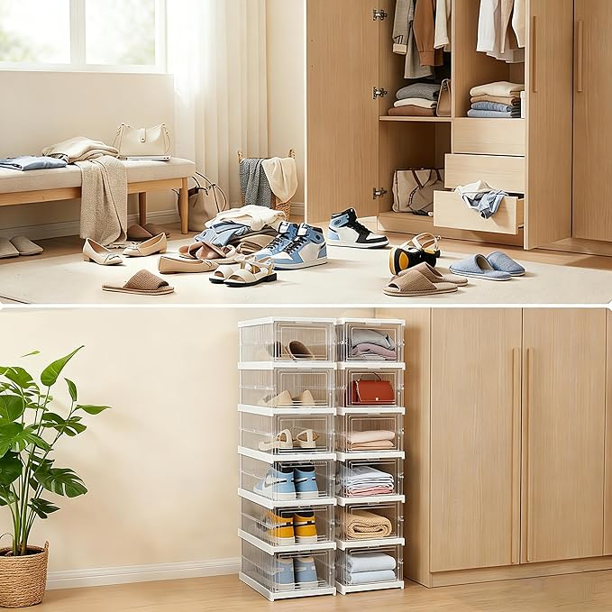 Upgrade Clear Foldable Shoe Storage Organizer, No Assembly 6 Tiers Shoe Box with Fully Clear Door, Plastic Stackable Shoe Rack for Sneakers, Sturdy Shoe Storage Containers Bins