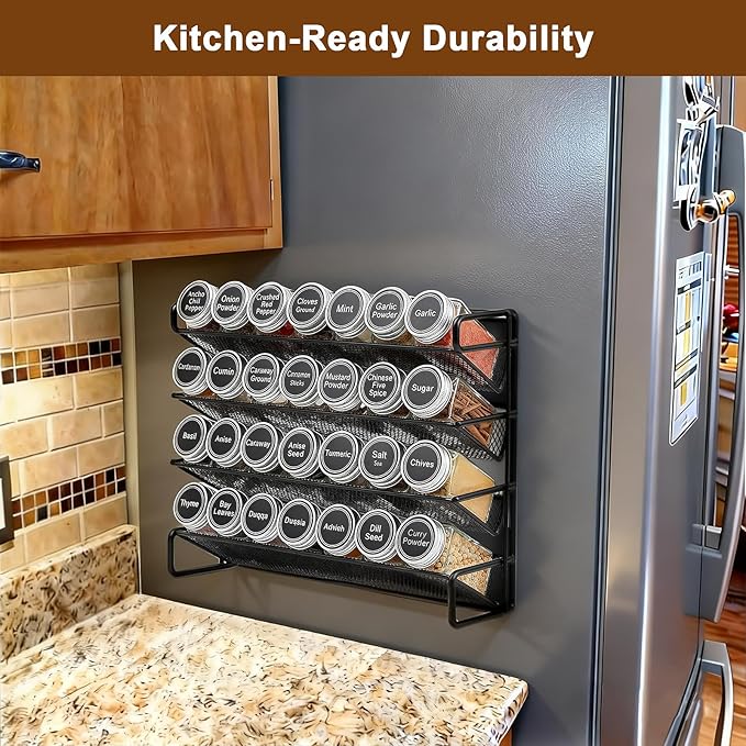 Magnetic Spice Rack Organizer for Refrigerator with 28 Spice Jars, 386 Spice Labels, 4 Hook, Chalk Marker and Funnel Set, Magnetic Shelf for Seasoning Organizer, 13.2'' W x 9.8 H, Black