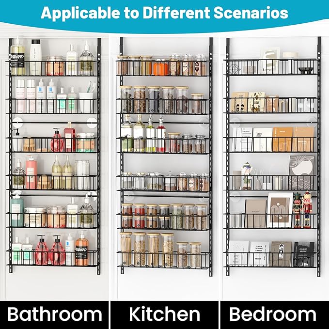 6-Tier Pantry Door Oragnizer, Over The Door Pantry Organizer Rack and Storage, Hanging Spice Rack Shelves Door, Home Office Laundry Room Bathroom & Kitchen Organization Essentials Metal