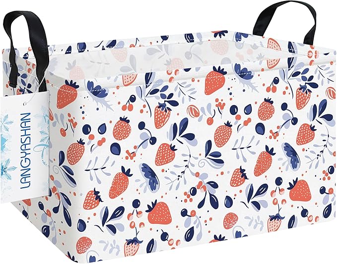 LANGYASHAN Rectangular Storage Bin Collapse Canvas Fabric Cartoon Storage Basket with Handles for Organizing Home Kitchen Boys and Girls Toys Office Closet Shelf Baskets (Rec Strawberry)