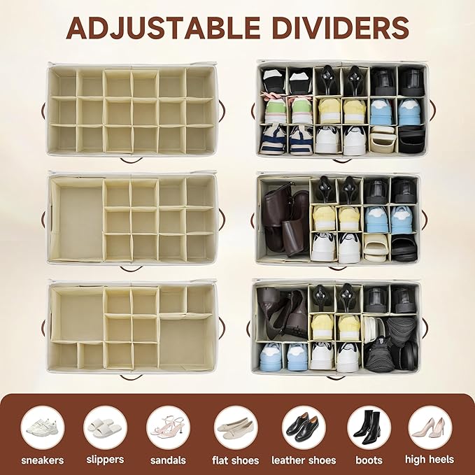 2-Pack Extra Large Shoe Organizer for Closet, Foldable Shoe Storage Container with Adjustable Dividers & Clear Lid, Holds Up to 18 Pairs, Space-Saving Shoe Boxes, White