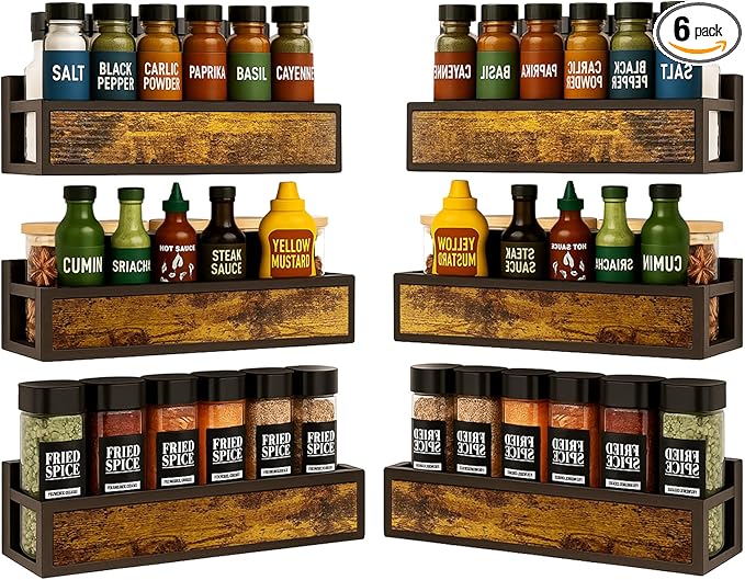 Spice Rack Wall Mount for Large Spice Jars, 6 Pack Ironwood Spice Organizer shelf for Rustic, Industrial and Modern Kitchens,Quick Adhesive Strips and Screws for Mounting (Engineered Wood)