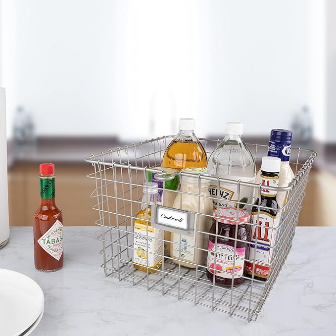Spectrum Medium Wire Basket with Label Plate Satin Nickel Storage Basket Bin Organizer for Kitchen Pantry Cabinet, Sturdy Steel Heavy Duty Kitchen Wire Basket Storage Bins for Pantry Organization