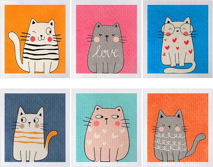 Patelai 6 Pieces Cat Swedish Kitchen Dish Towels Kitchen Cloths Reusable Sponge Cleaning Absorbent Dish Cloth No Odor Cat Hand Towel Quick Drying Washable Cleaning Wipes