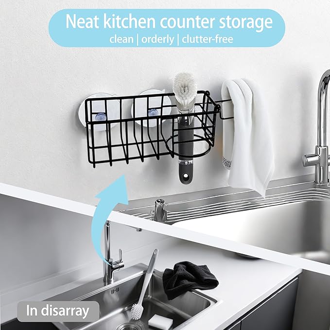 Sponge Holder with Dish Cloth Hanger for Kitchen Sink, In-sink Caddy Organizer with Suction Cups & Adhesive Strips, Rustproof Sponge Rack for Soap, Brush, Scrubber - Black