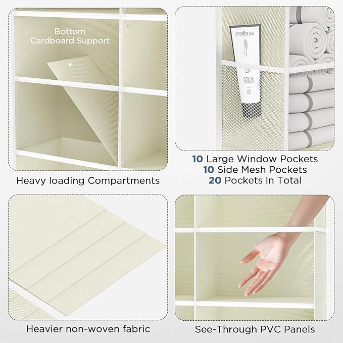 2 Pack 5-Tier Over The Door Organizer with 10 Side Mesh Pockets & Clear Windows, 80 lbs Weight Capacity Hanging Storage for Bathroom, Bedroom, Nursery, Kitchen, Organize Shoes, Diapers(Clear Beige)