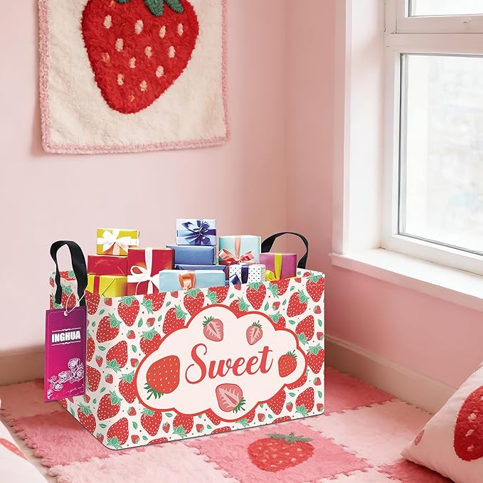 Rectangular Storage Basket Fabric Organizer Bin for Toys,Books,Clothes,Gifts,Pets-Perfect for Home,Office,Nursery,Dorm,Shelf(Rec-strawberry)