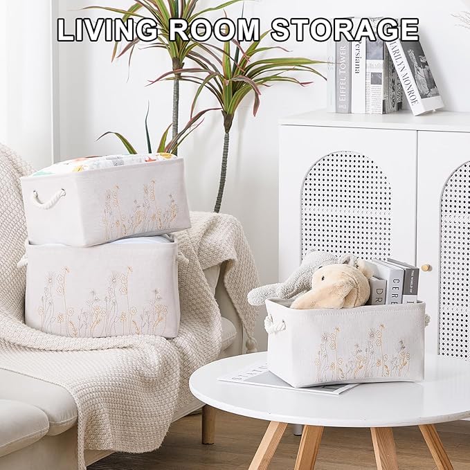 Storage Basket 3 Pack, Fabric Storage Basket for Three Sizes，Floral embroidery,Collapsible Canvas Storage Baskets for Organizing,Shelf,Nursery,Home,Closet,with Cotton Rope Handle(Off White-3PCS)