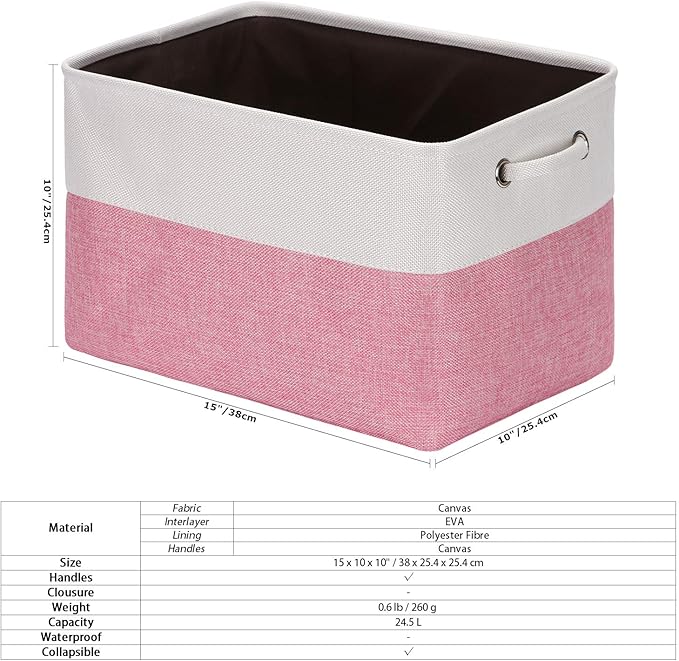Sea Team 3-Pack Large Storage Basket Set, Trunk Organizer, Clothes Toys Bin, 15 x 10 x 10 Inches, Big Rectangular Canvas Fabric Collapsible Shelf Box with Handles for Kids Room (Pink/White)
