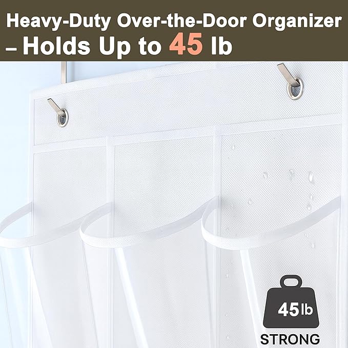Over The Door Shoe Organizer with 24 Crystal Clear Pockets and Metal Hooks – Heavy Duty Hanging Shoe Storage Rack for Closet, Bathroom, Dorm – Space Saving for Shoes, Accessories, Toys (White)