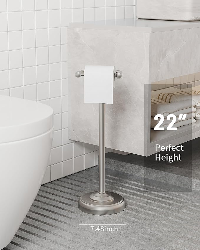 WZKALY Toilet Paper Holder Stand, Brushed Nickel Toilet Paper Holder Free Standing, Post Pivoting Design & Stable Weighted Base SUS304 Stainless Steel for Bathroom(Mega Roll)