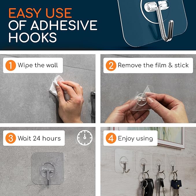 GLUIT Adhesive Wall Hooks for Hanging Heavy Duty 22 lbs Hooks for Walls No Damage, Towel Sticky Clear Hooks, Waterproof, Home, Bathroom, Kitchen, Office, and Outdoor 20 Pack