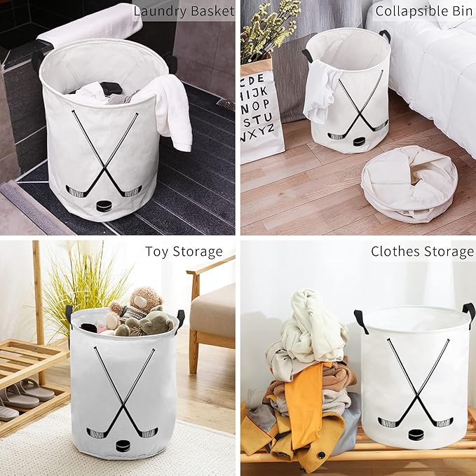 17-inch Laundry Hamper Foldable Laundry Basket, Minimalist Style Hockey Sticks Black Lines Waterproof Clothes Hamper for Bathroom Bedroom Living Room, Toy Baskets for Dollhouse