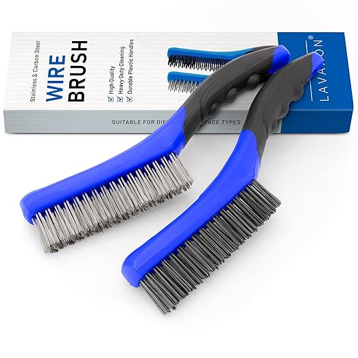 Wire Brush Set-Heavy Duty Stainless & Carbon Steel Bristles with Plastic Handle Grip for Rust, Wielding Slag, Dirt & Paint Scrubbing with Deep Cleaning – 10 Inches (Pack of 2-Blue)