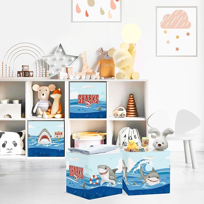 Clastyle Ocean Animals Storage Cube Organizer Set Foldable Closet Clothes Cube Storage Bin Storage Box Chest Book Shelf Basket,Shark,11.8x11.8x11.8 in