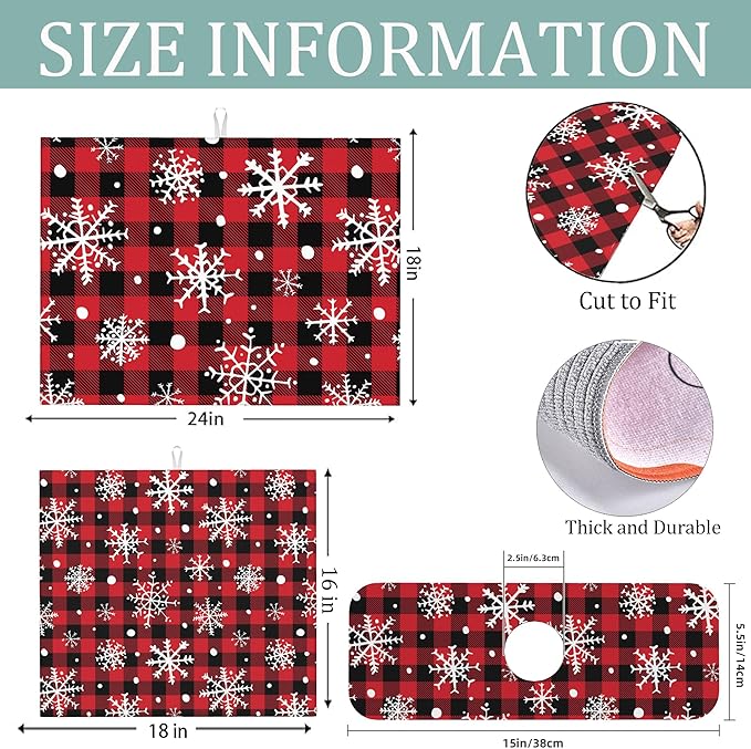 3Pcs Christmasw Checked Dish Drying Mat & Kitchen Sink Splash Guard Faucet Mat For Kitchen Counter Absorbent Microfiber Dishes Pad Dish Drainer Rack Mats Fast Dry Kitchen Accessories