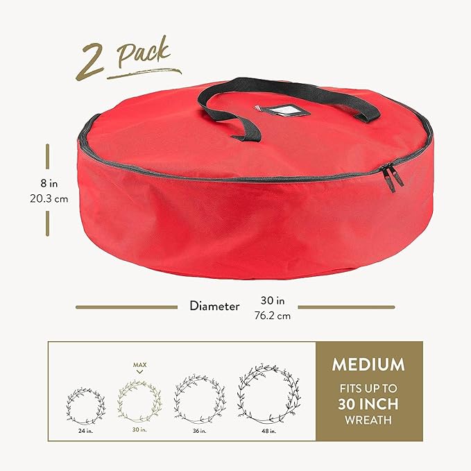 ZOBER 2 Pack Oxford Christmas Wreath Storage Container 30 Inch - Wreath Bag for Artificial Wreaths Box - Waterproof Fabric, Dual Zippered Wreaths Storage Bag With Strong Durable Handles - Red