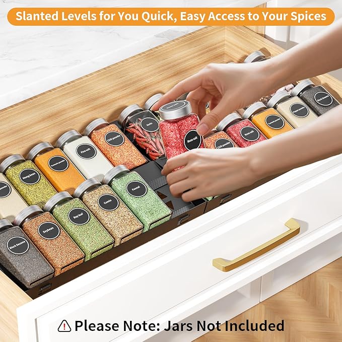 RCHYFEED 4 Tier Spice Drawer Organizer, (Need 3.5" Deep Drawer) 4 Pack Metal Non-Slip Spice Rack for Drawer Free Combination, Adjustable Spice Rack Drawer Insert, Spice Organization for Drawer