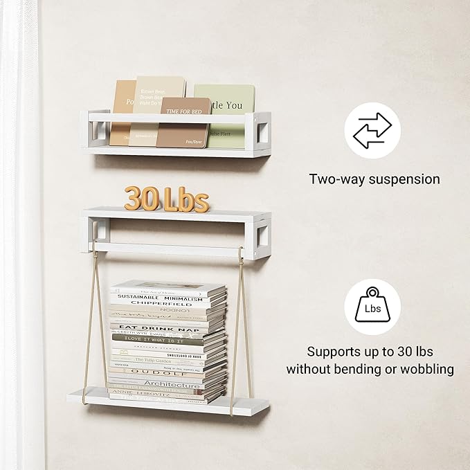 Upgraded Thick Floating Shelves, Solid Wood Bookshelf for Wall, Floating Book Shelves Use as Wall Shelves for Bedroom, Kids Room, Nursery, Books, Spice Rack & Decor - White