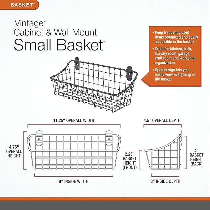 Spectrum Small Wire Wall Basket Industrial Gray Rustic Wall Bin, Vintage Wire Basket Wall Mount Organizer Wall Mount Hanging Wire Caddy, Modern Wire Basket for Versatile Wall Mount Storage