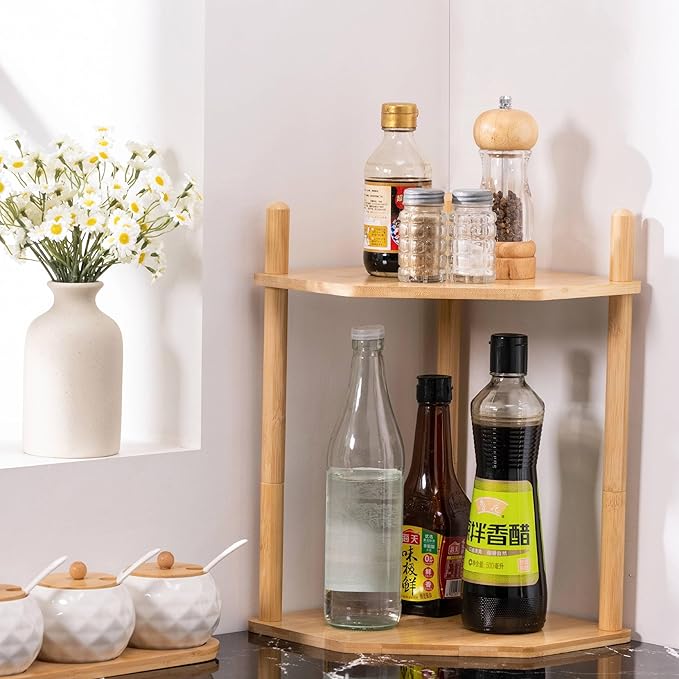2-Tier Expandable Bamboo Corner Shelf - Dish/Plate Organizer for Cabinet, Kitchen Counter Shelf & Small Kitchen Shelf, Adjustable(1, 11.4" H)