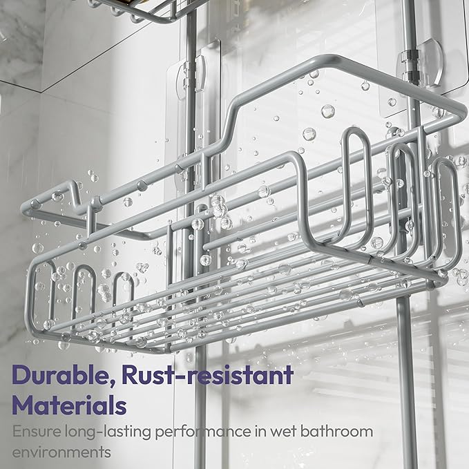 SWTYMIKI Bathroom Shower Caddy Hanging - 3 Tier Rustproof Over Shower Head Organizer, No Drilling Bathroom Shelf with 16 Hooks & Soap Holder, Anti-Swing Rack for Shampoo,Sponge,Towel, Silver, Medium