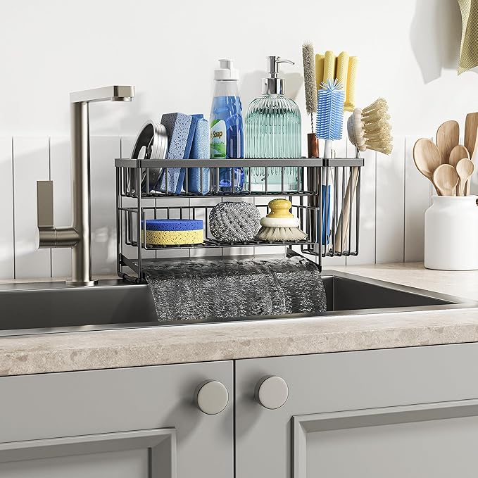 Cisily 2-Tier Kitchen Sink Caddy Organzier Rack with Flexible Dish Brush Holder, Sponge Holder for Kitchen Sink Countertop Organization Storage,Home Decor Accessories Essentials Stainless Steel