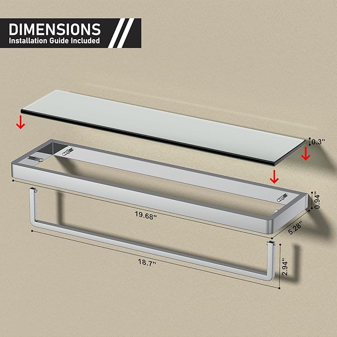 SFGSOWOR Bathroom Shelves Glass Bathroom Shelf with Towel Bar, Floating Shelves for Living Room/Study Room Tempered Glass Rectangular 1 Tier Organizer Wall Shelf (Chrome Polished, 20'')